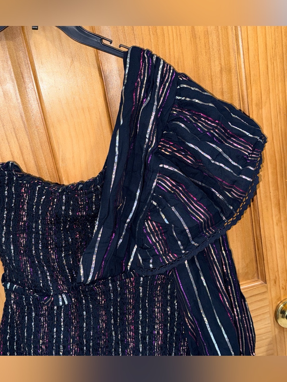 NWT FARM Rio Lurex Stripes Mini Dress w/one shoulder/ruffles/smocked bodice/-S - Picture 4 of 16